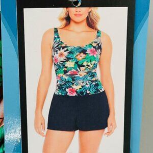 Slim Swim Magic Brand Tank Shorts Athletic Plus Size Swimsuit XXL Tropical NWT